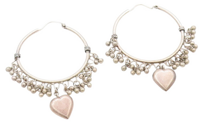 925 Sterling Silver Vintage Earrings Antique Dangling Beads & Heart Hoop EG13605