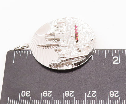 925 Sterling Silver Vintage Pendant Ruby Band Carved NYC Skyline Coin  PT22997