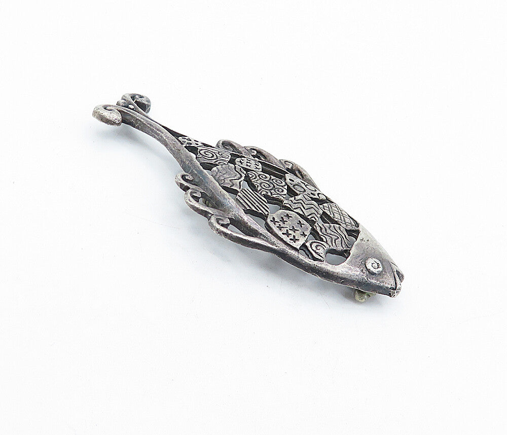 MEXICO 925 Sterling Silver  Vintage Antique Oxidized Fish Brooch Pin  BP1670