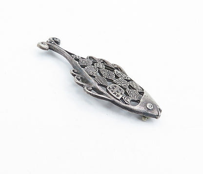 MEXICO 925 Sterling Silver  Vintage Antique Oxidized Fish Brooch Pin  BP1670