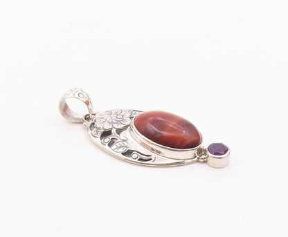 925 Sterling Silver  Vintage Red Tiger's Eye & Amethyst Floral Pendant PT16809