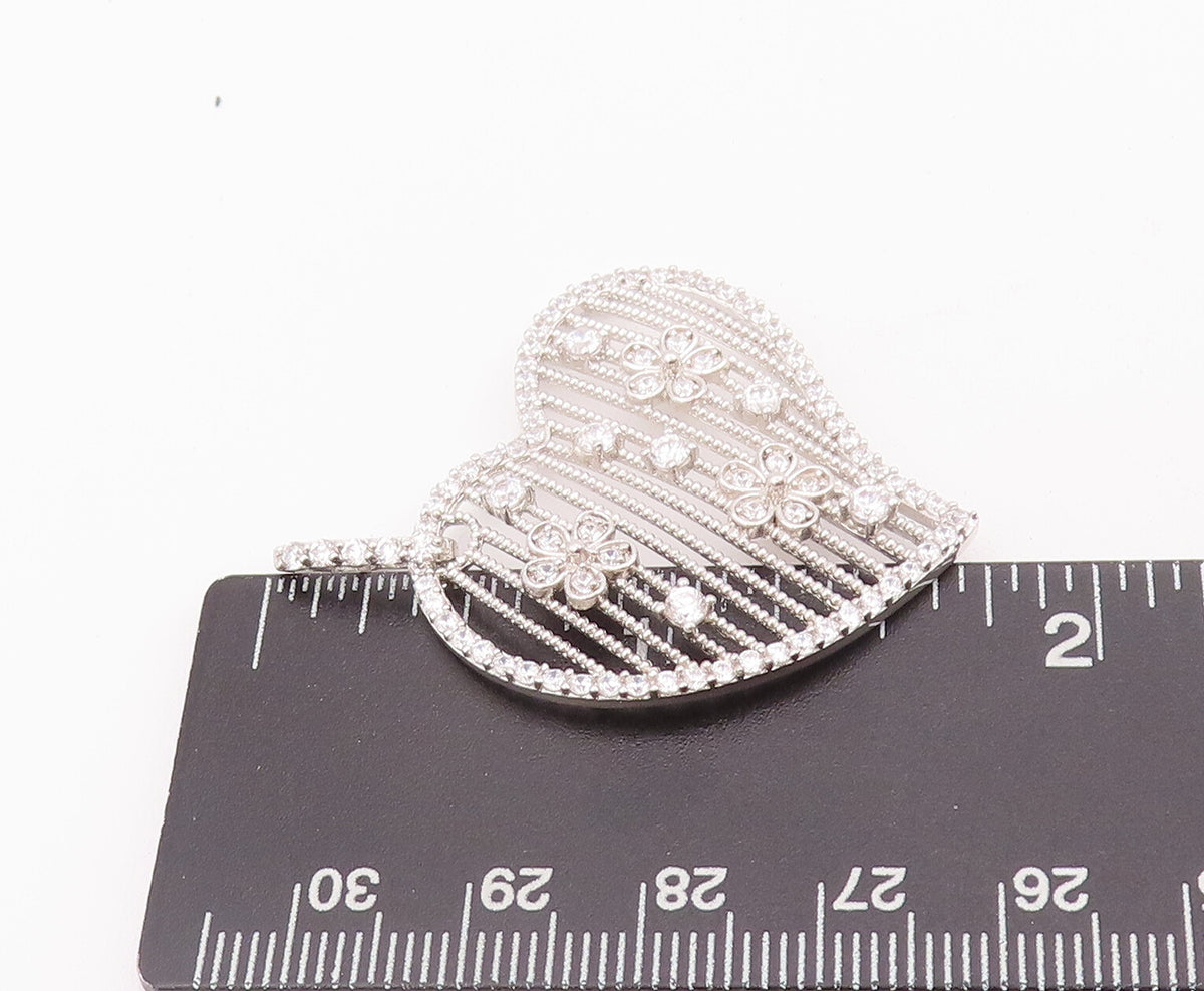 925 Sterling Silver Vintage Pendant Cutout CZ Heart & Grilled Flowers  PT22805