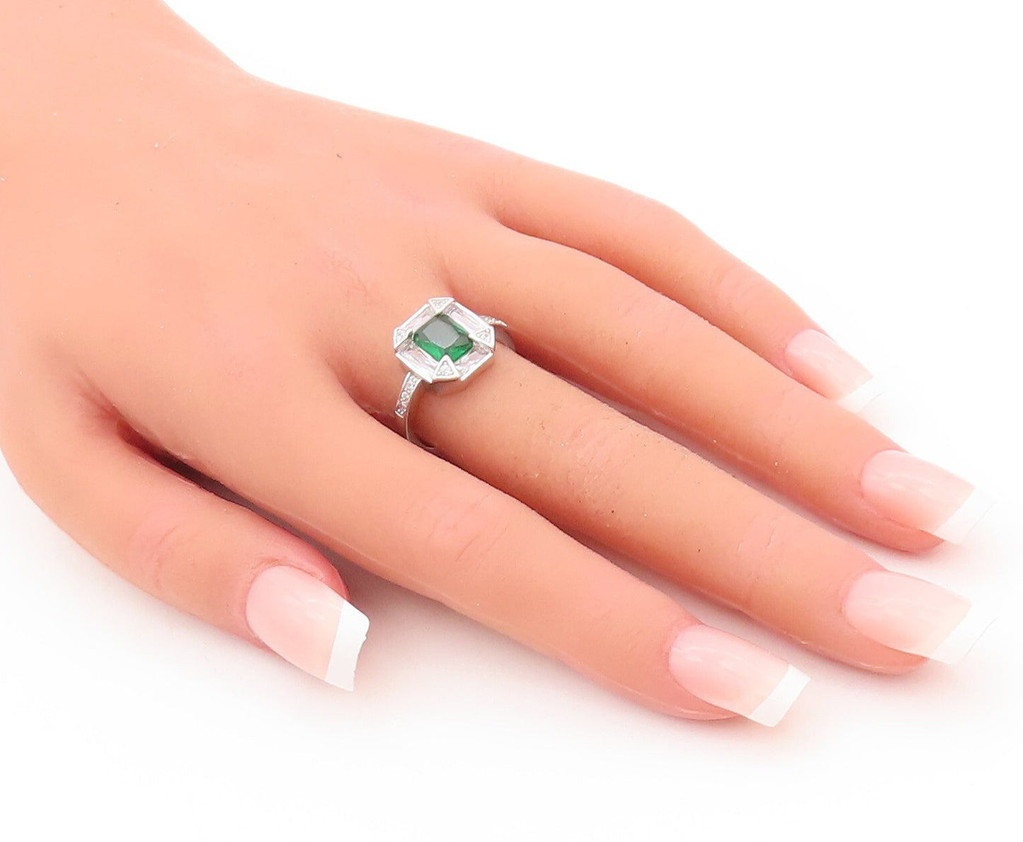 925 Sterling Silver Vintage Ring Rectangle Cut Framed 2 Tone CZ  Sz 7.5  RG29331