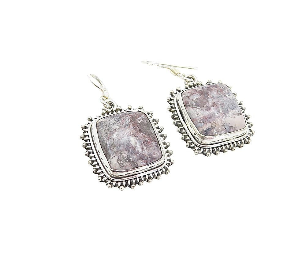 925 Sterling Silver  Vintage Cabochon Cut Jasper Square Drop Earrings  EG3232