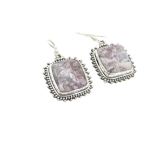 925 Sterling Silver  Vintage Cabochon Cut Jasper Square Drop Earrings  EG3232
