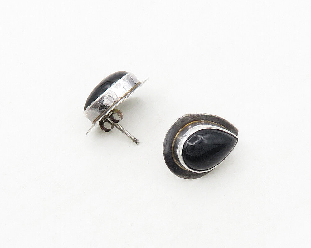 NAVAJO 925 Silver  Vintage Cabochon Black Onyx Tear Drop Stud Earrings  EG9126