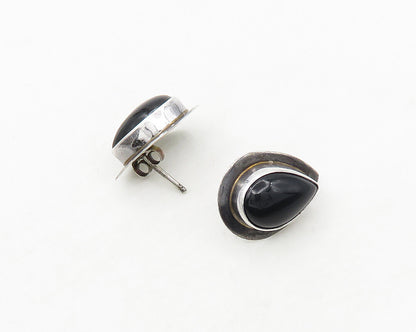 NAVAJO 925 Silver  Vintage Cabochon Black Onyx Tear Drop Stud Earrings  EG9126