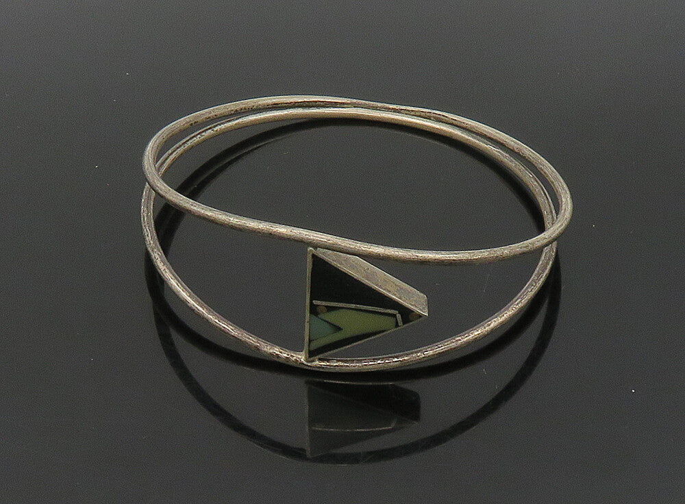 925 Silver  Vintage Black Onyx & Turquoise Modernist Bangle Bracelet  BT9197
