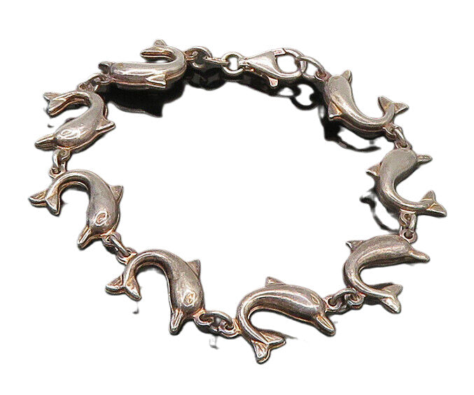 925 Sterling Silver  Vintage Dark Tone Dolphin Motif Chain Bracelet  BT8426