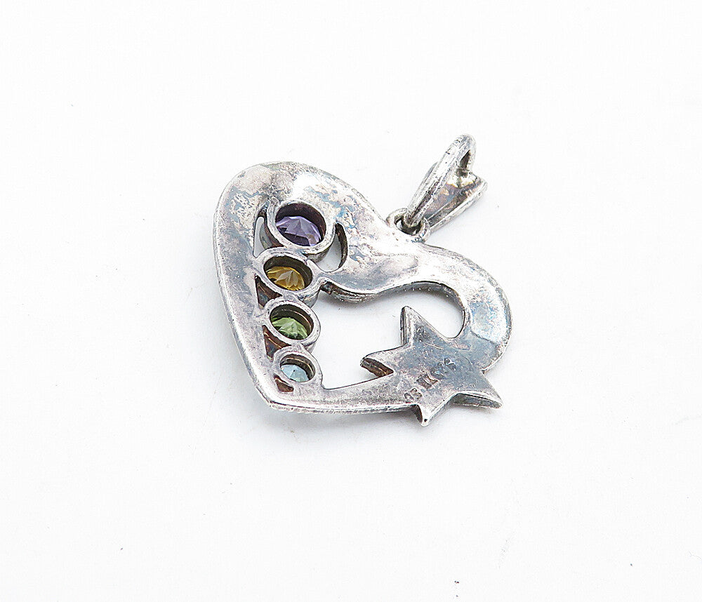 925 Sterling Silver Vintage Multi Gemstone Love Heart Star Pendant PT4841