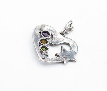 925 Sterling Silver Vintage Multi Gemstone Love Heart Star Pendant PT4841