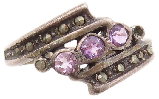 925 Sterling Silver Vintage Ring Amethyst & Marcasite Bands  Sz 5  RG32978
