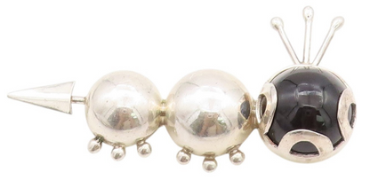 925 Sterling Silver Vintage Brooch MEXICO Onyx Headed Caterpillar  BP11656