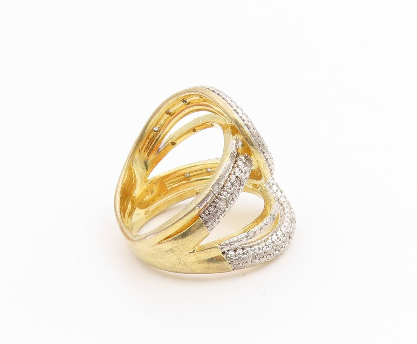 925 Sterling Silver Vintage Ring Gold Plated Real Diamonds Loop  Sz 6  RG35884
