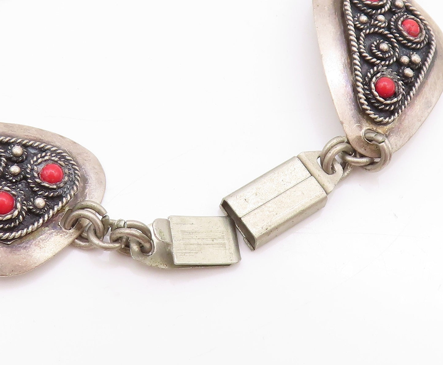 925 Sterling Silver Vintage Bracelet ISRAEL Rope Work Design Gemstones  BT11242