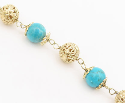 925 Sterling Silver Vintage Bracelet Cabochon Turquoise & Carved Spheres BT10269