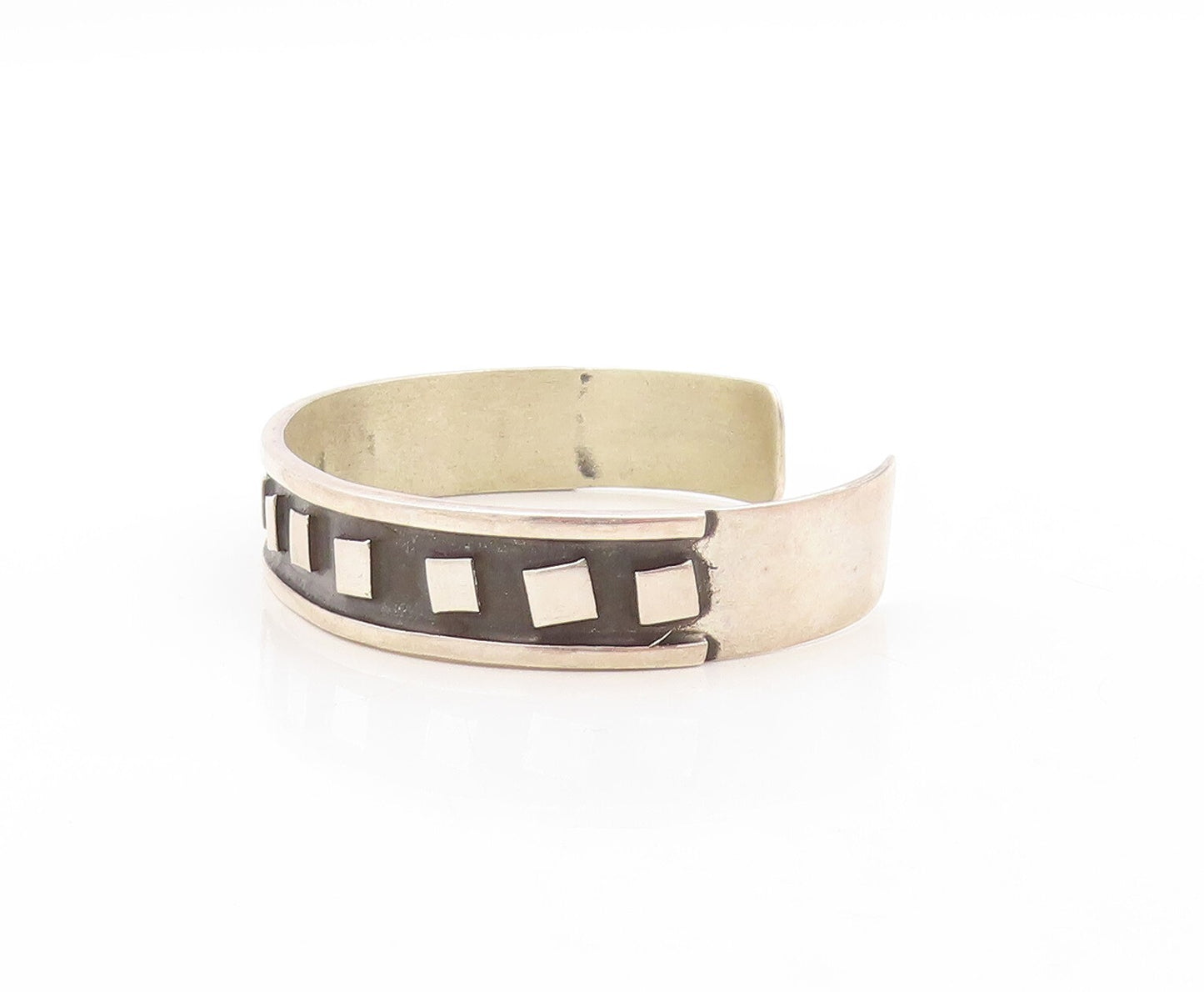 925 Sterling Silver Vintage Bracelet MEXICO Dark Tone Square Carved Cuff BT10955