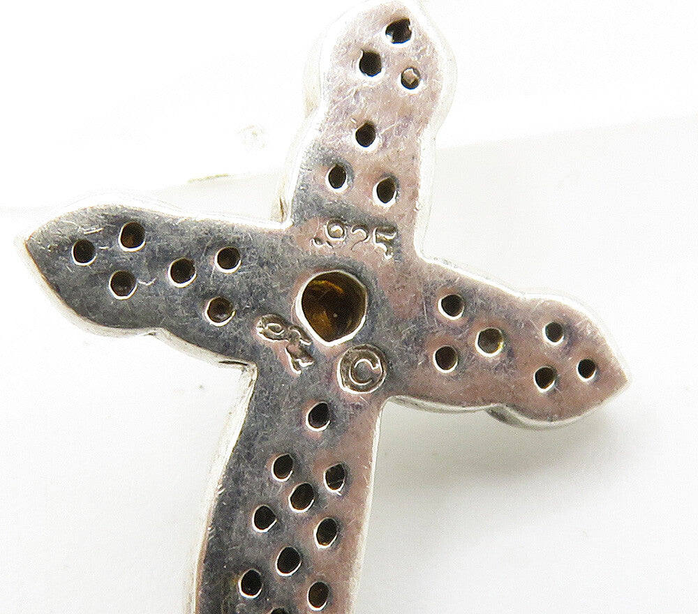 925 Sterling Silver  Shiny Petite Topaz Religious Cross Pendant  PT12040