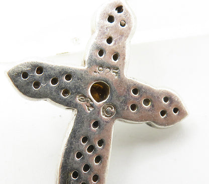 925 Sterling Silver  Shiny Petite Topaz Religious Cross Pendant  PT12040