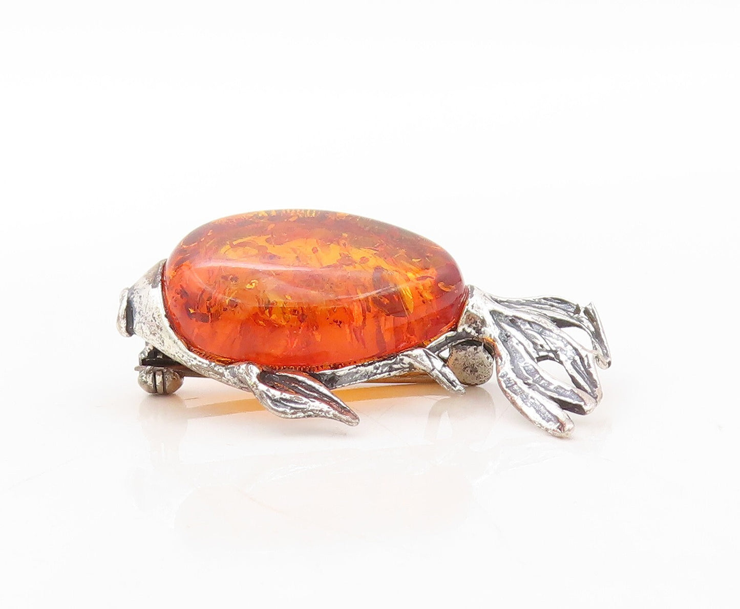 925 Sterling Silver Vintage Brooch Pin Designer Honey Amber Fish  BP11269