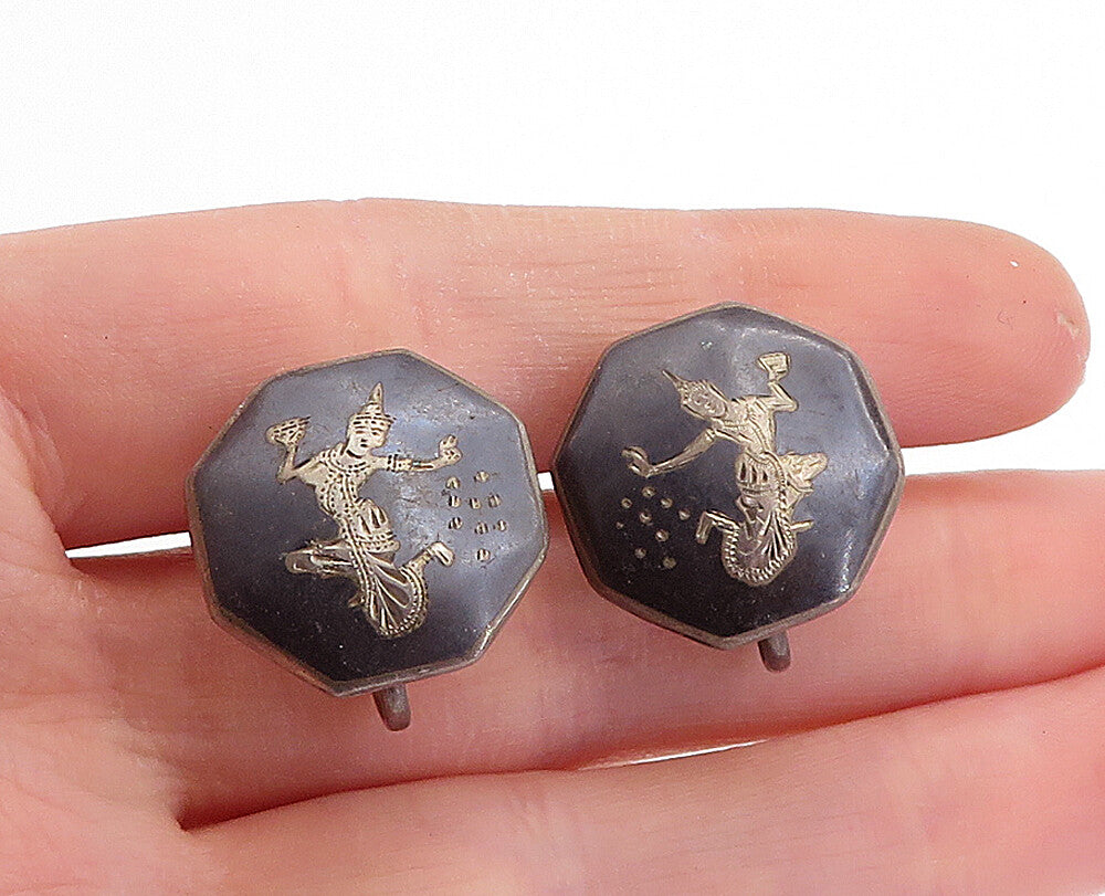 SIAM 925 Silver  Vintage Enamel Niello Dancer Non Pierce Earrings  EG2811