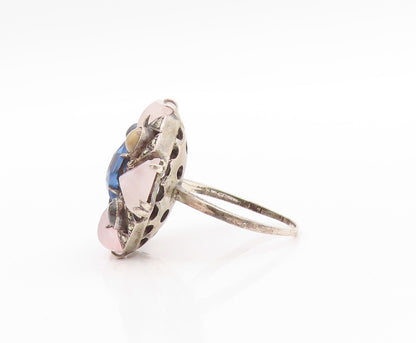 925 Sterling Silver Vintage Ring Geometric Multi Shaped Gemstones  Sz 8  RG33450