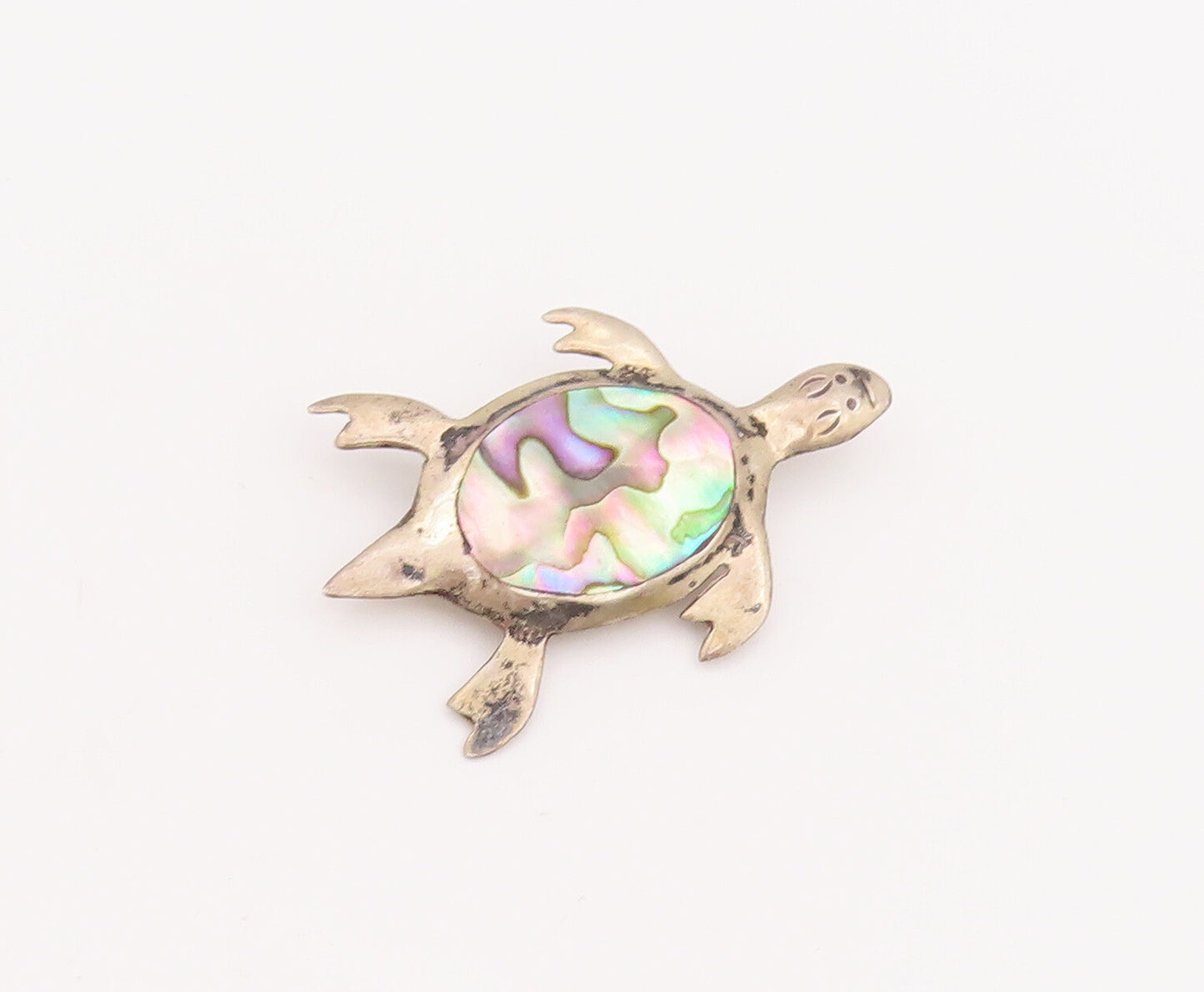 925 Sterling Silver Vintage Brooch Pin Oval Abalone Inlay Turtle  BP11001