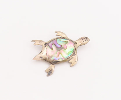 925 Sterling Silver Vintage Brooch Pin Oval Abalone Inlay Turtle  BP11001