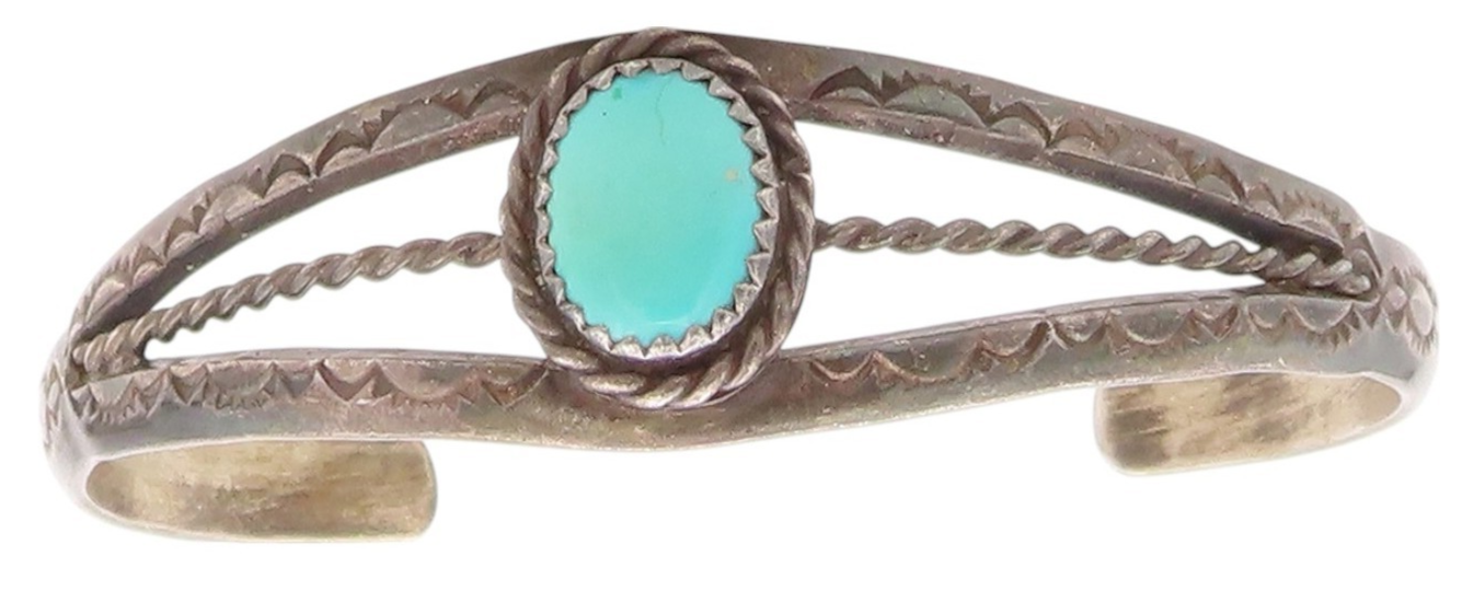 925 Sterling Silver Vintage Bracelet NAVAJO Turquoise Split Roped Cuff  BT11185