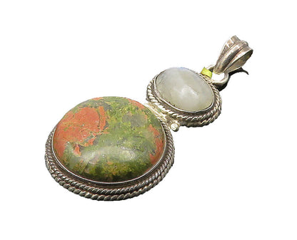 925 Sterling Silver  Vintage Cabochon Cut Unakite & Moonstone Pendant  PT17166