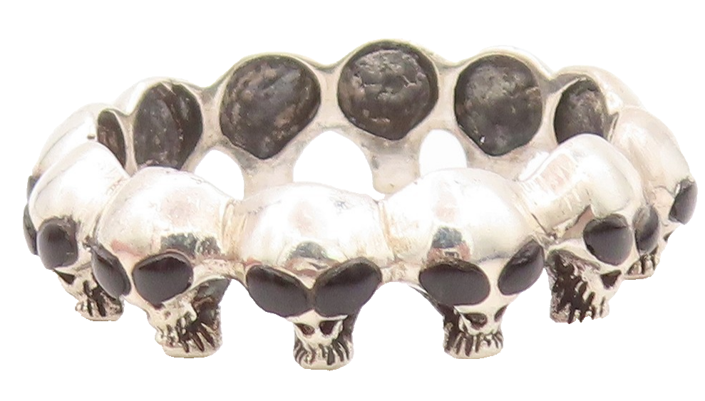925 Sterling Silver Vintage Ring Onyx Eyed Alien Heads Cut Band Sz 14.5  RG32808