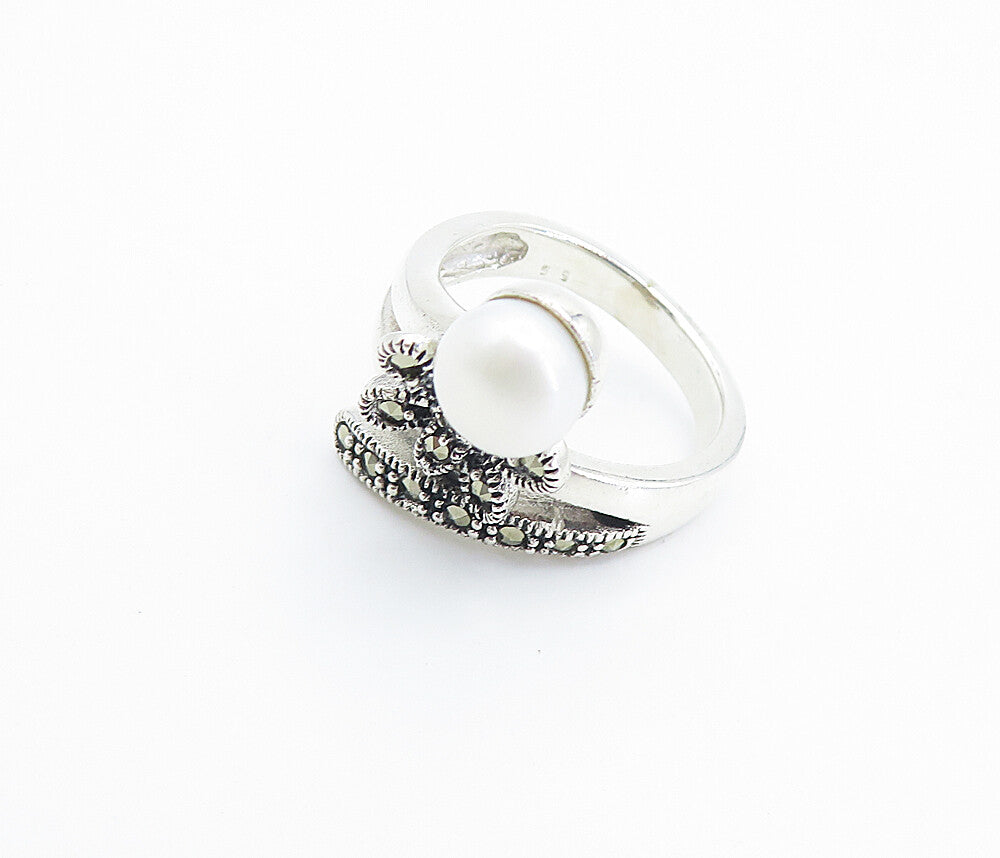 925 Sterling Silver  Pearl & Marcasite Butterfly Bypass Band Ring Sz 8  RG8252