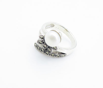 925 Sterling Silver  Pearl & Marcasite Butterfly Bypass Band Ring Sz 8  RG8252