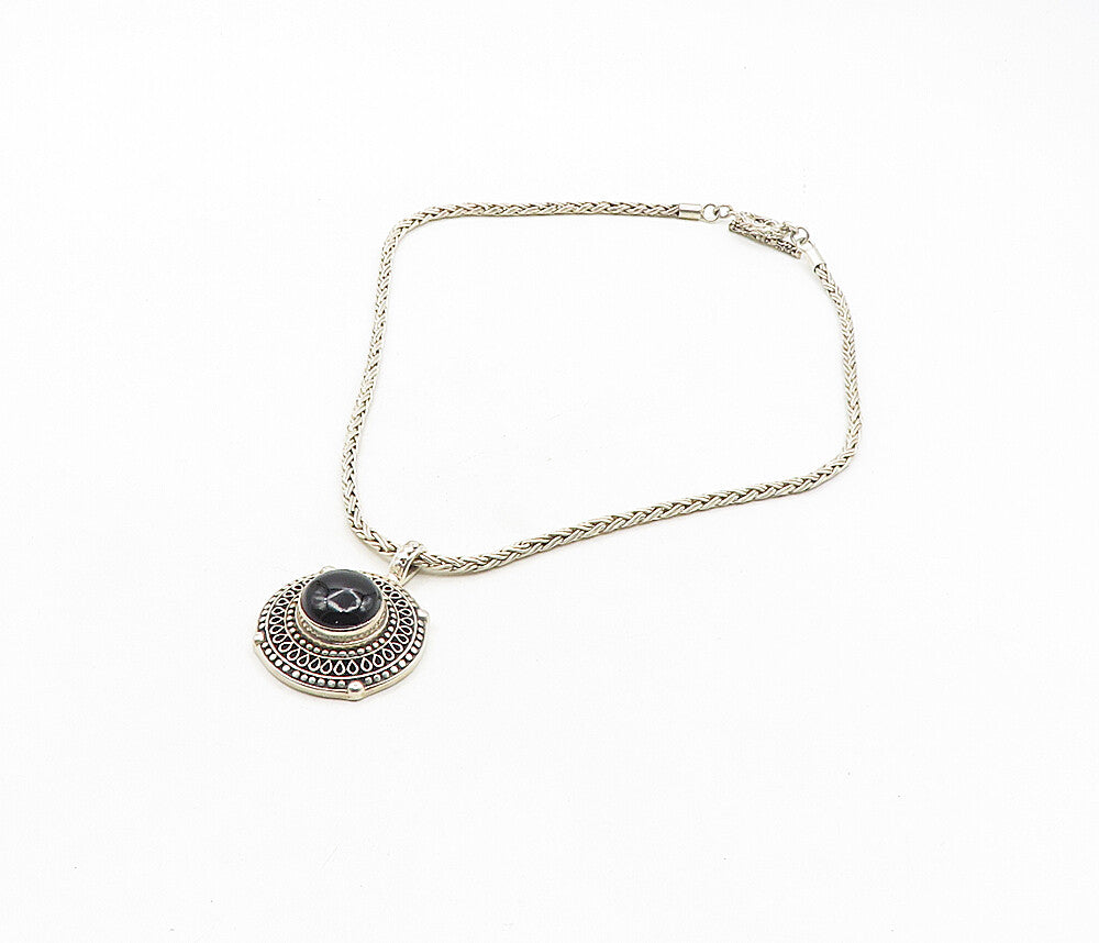 925 Sterling Silver  Vintage Cabochon Black Onyx Swirl Chain Necklace  NE1792