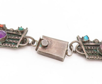 925 Sterling Silver Vintage Necklace MEXICO Real Gemstones Large Royal  NE4350