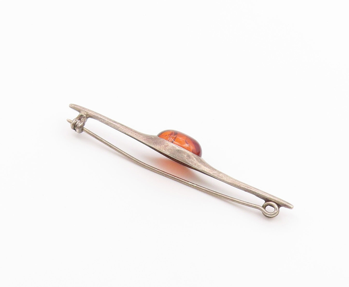 925 Sterling Silver  Vintage Pointed Ends Cabochon Amber Brooch Pin  BP9589