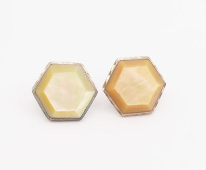 925 Sterling Silver Vintage Earrings SILVER CLOUD Opal Hexagonal Studs   EG13944