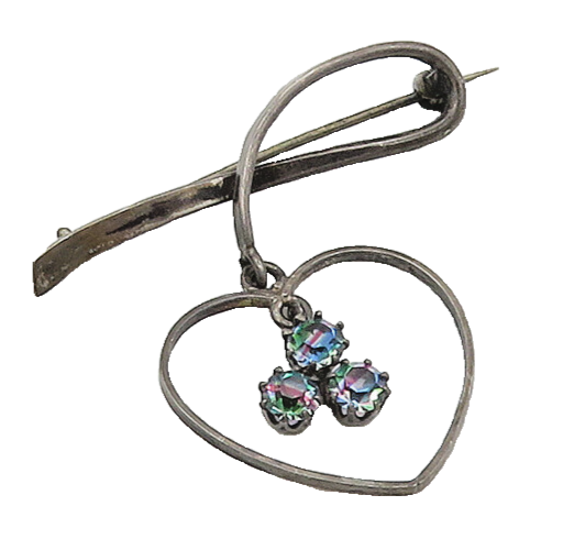 925 Sterling Silver  Vintage Colored Stone Open Love Heart Brooch Pin  BP8404