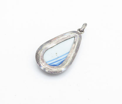 925 Sterling Silver  Vintage Enamel Floral Art Tear Drop Pendant  PT4045