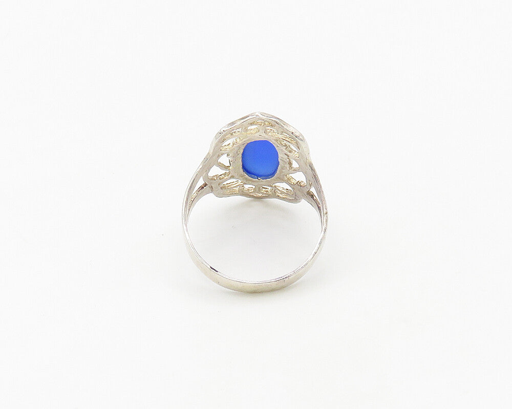 925 Sterling Silver  Vintage Blue Stone Floral Cocktail Ring Sz 8  RG18308