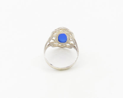 925 Sterling Silver  Vintage Blue Stone Floral Cocktail Ring Sz 8  RG18308