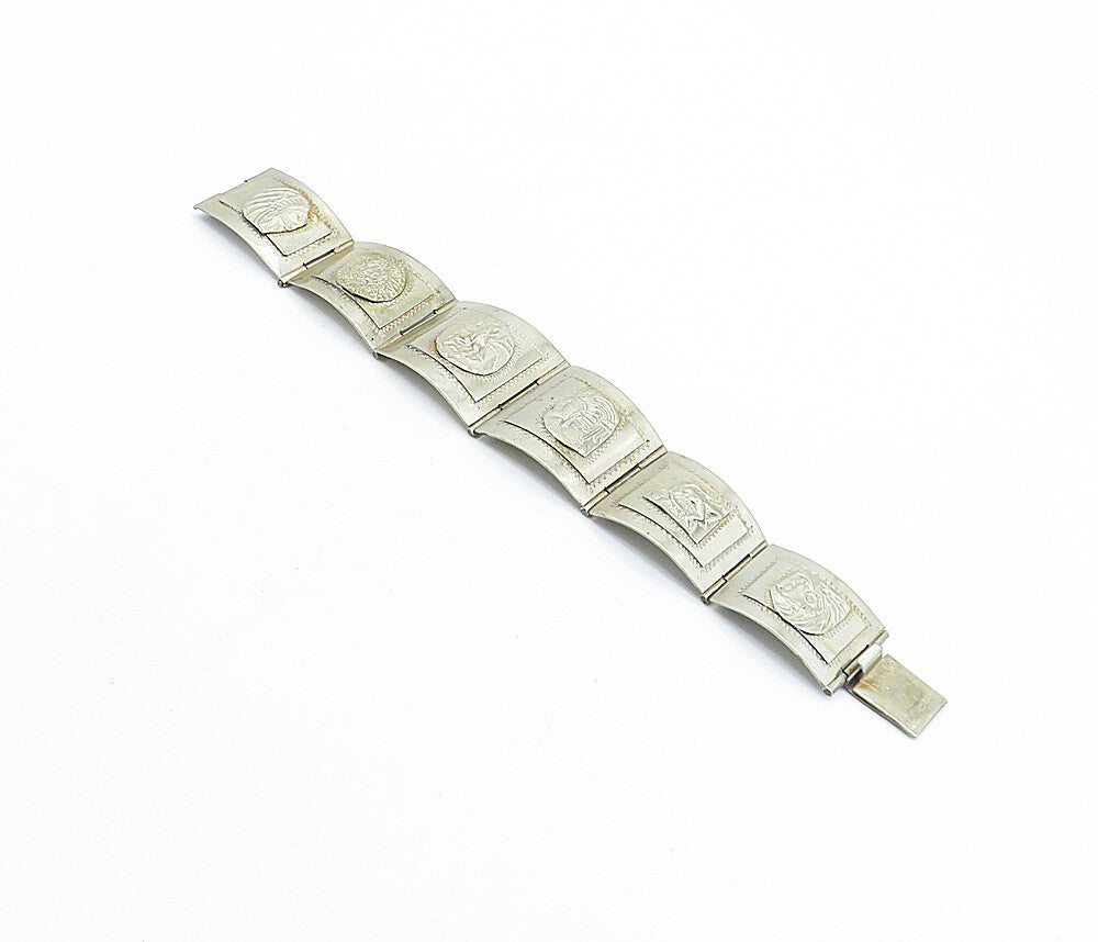 TAXCO MEXICO 925 Silver  Vintage Chief's Head Hinge Chain Bracelet  BT2688