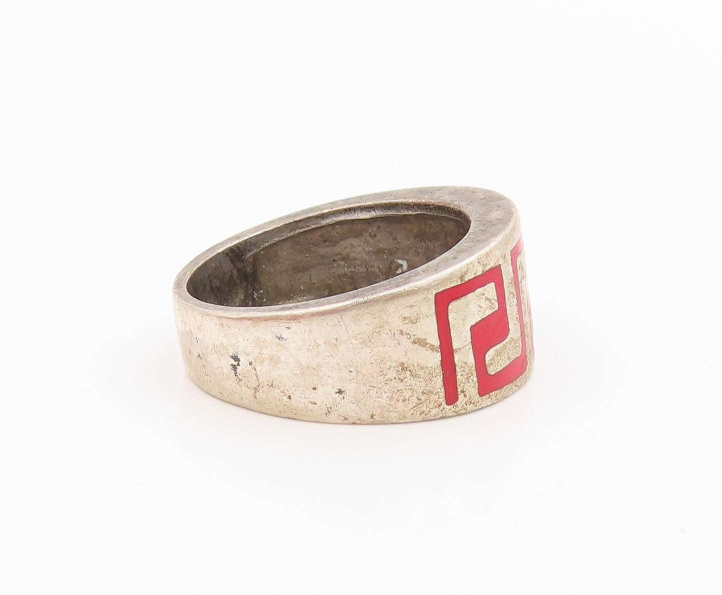 925 Sterling Silver Vintage Ring Enamel Greek Key Pattern Band  Sz 7  RG35413
