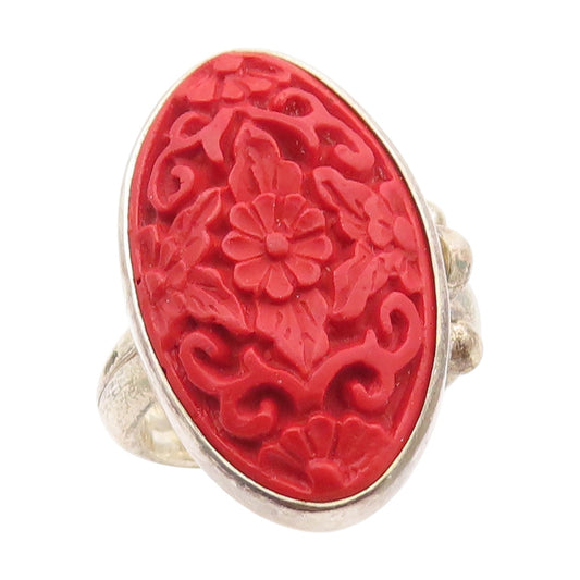 925 Sterling Silver Vintage Ring SAJEN Carved Red Floral Band  Sz 7.5  RG34641