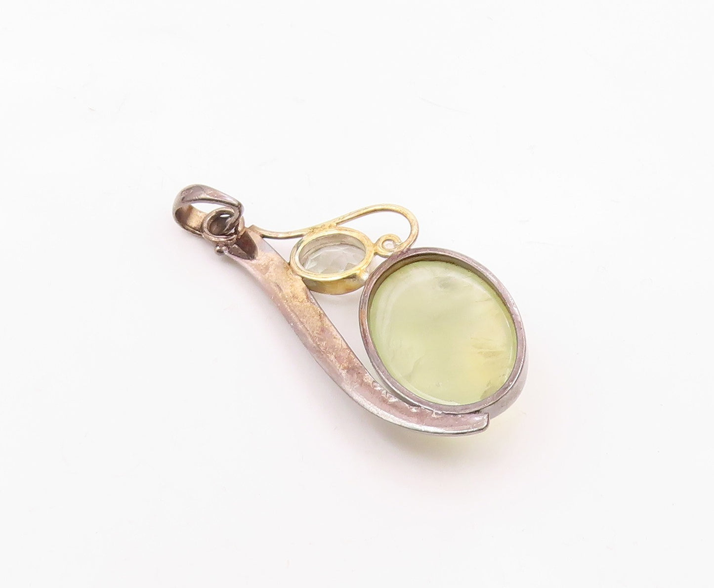 925 Sterling Silver  Vintage Cabochon Prasiolite & Topaz Pendant  PT18839