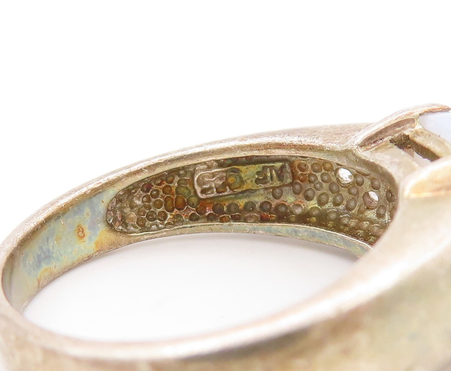 925 Sterling Silver Vintage Ring Minimalist Gemstone & CZ Inlay  Sz 7.5  RG31030