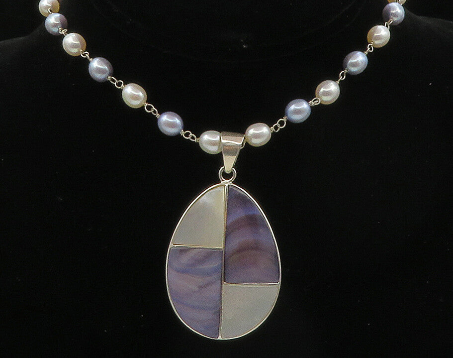 925 Silver  Blue & White Mother Of Pearl & Pearls Beaded Necklace  NE2310