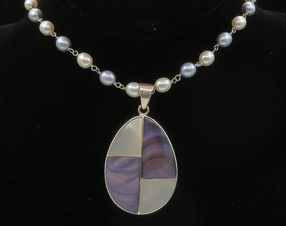 925 Silver  Blue & White Mother Of Pearl & Pearls Beaded Necklace  NE2310