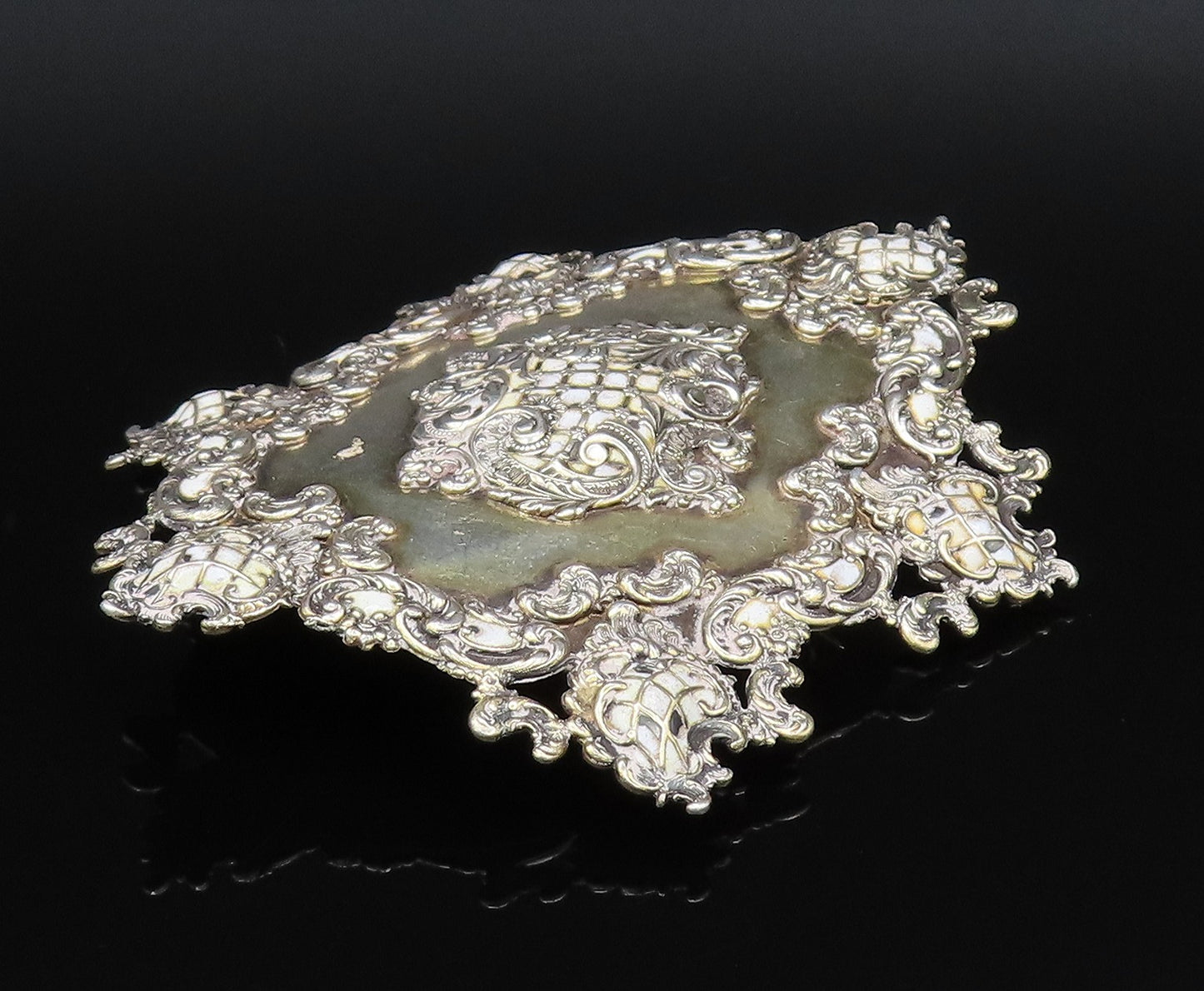 925 Sterling Silver Vintage Antique Victorian Enamel Frame Brooch Pin  BP10004