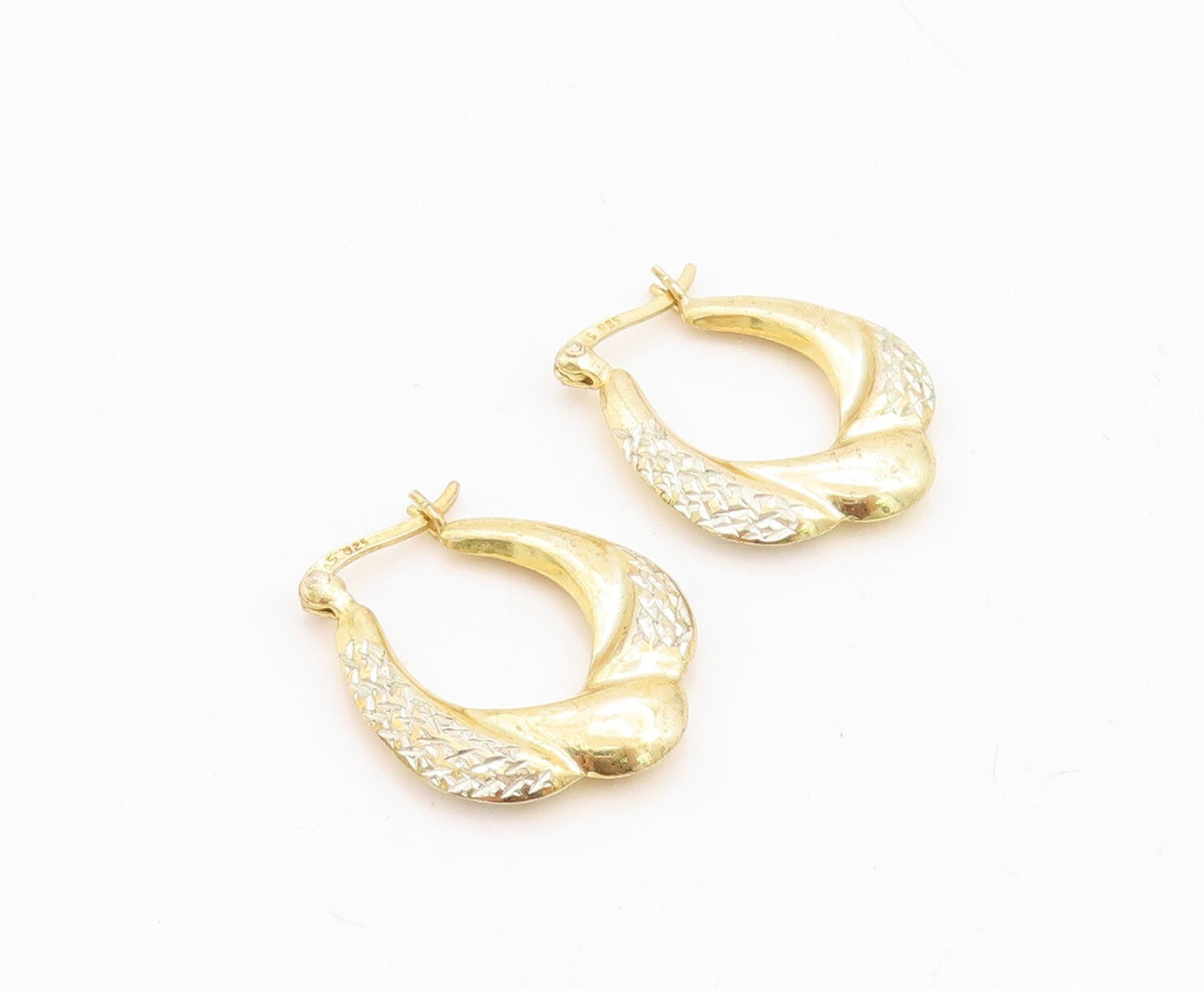 925 Sterling Silver Vintage Earrings Gold Plated Designer Carved Hoops  EG13221